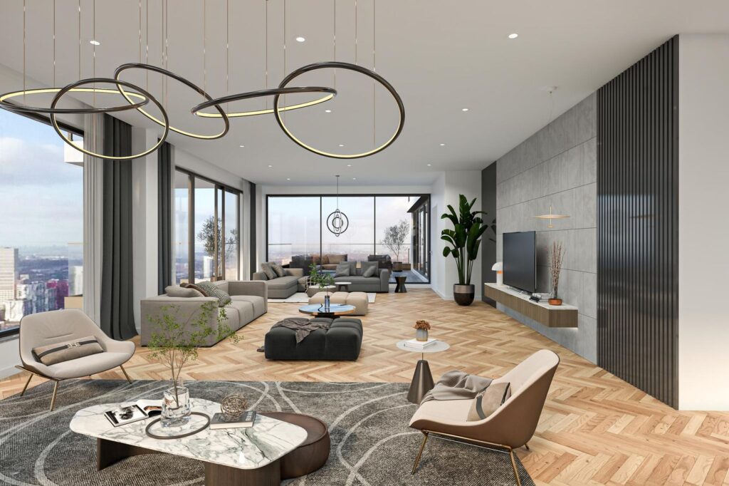 Baan 64-A in Rotterdam, de woonkamer met een designlamp en een houten vloer.