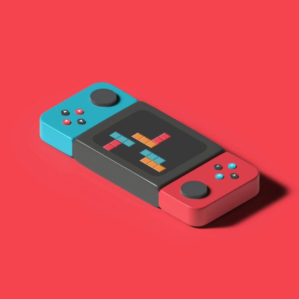 Illustratie van een tetris-spel op een draagbare spelconsole, gebruikt als metafoor voor het efficiënt stapelen van verhuisdozen, alsof de dozen netjes passen zoals de blokken in tetris