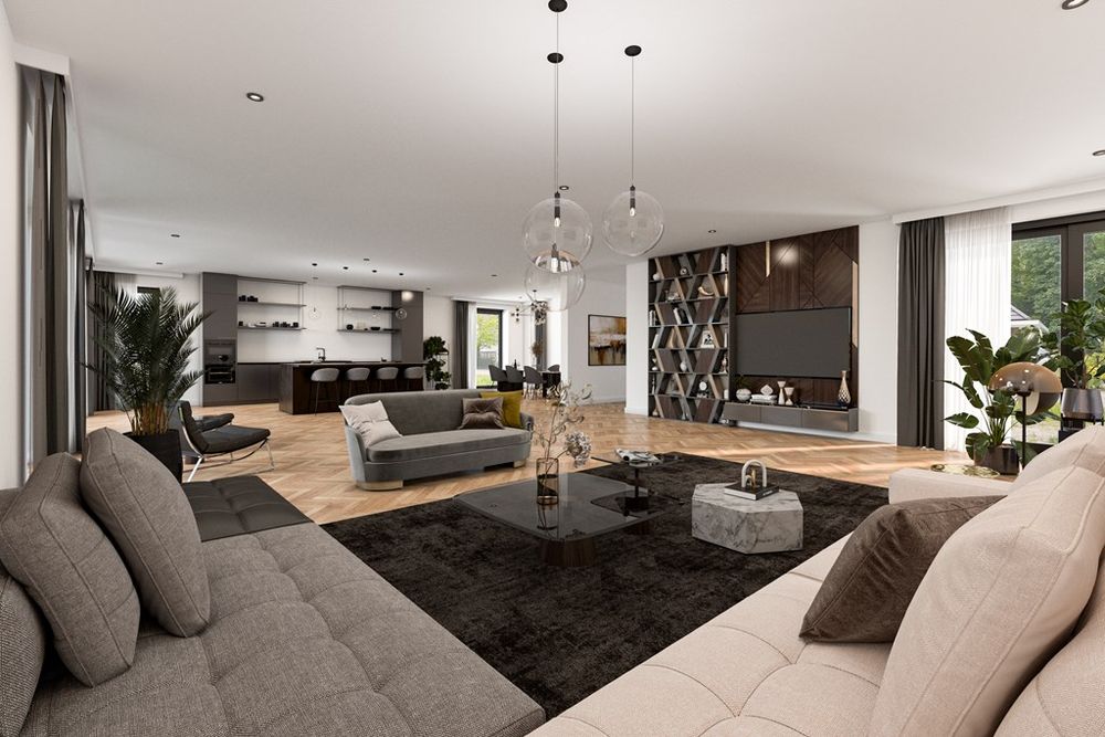 Een ruime en stijlvolle open woonkamer, met moderne afwerking en luxe inrichting. De perfecte plek om te ontspannen en te genieten van een warme, eigentijdse sfeer.