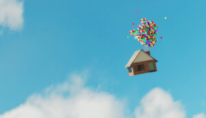 Illustratie van een huis dat omhoog zweeft aan ballonnen, symbool voor de stijgende waarde en toegankelijkheid van investeren in vastgoedfondsen