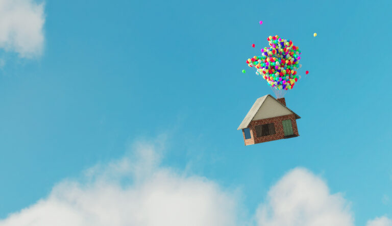 Illustratie van een huis dat omhoog zweeft aan ballonnen, symbool voor de stijgende waarde en toegankelijkheid van investeren in vastgoedfondsen