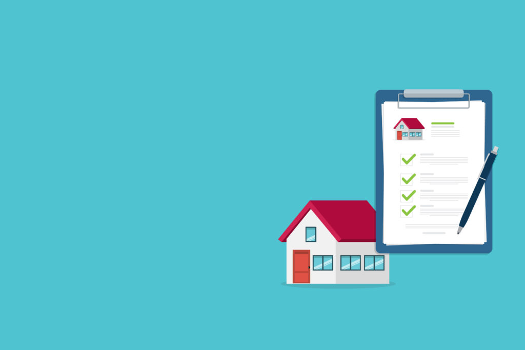 Illustratie van een huis met een checklist en pen, symboliserend de strategische planning en expertise van een makelaar bij het bepalen van de juiste vraagprijs.