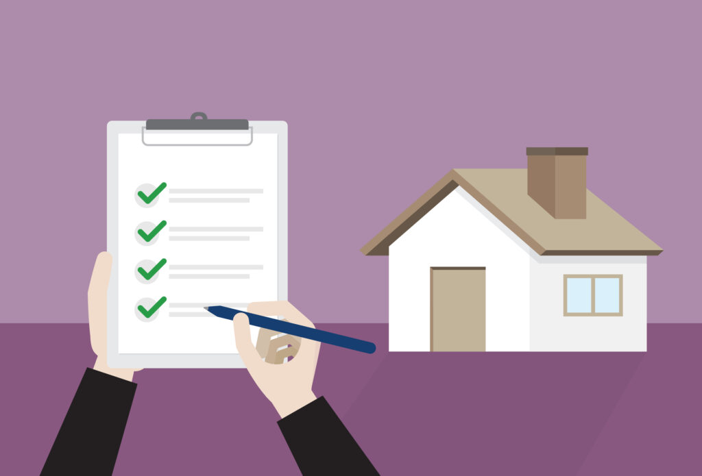 Illustratie van een checklist en een huis, symbool voor het afsluiten van een opstalverzekering.