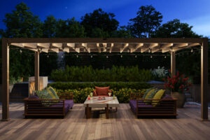 Sfeervol verlichte tuin met een houten pergola, comfortabele tuinmeubelen en accentverlichting in een moderne avondtuinsetting.