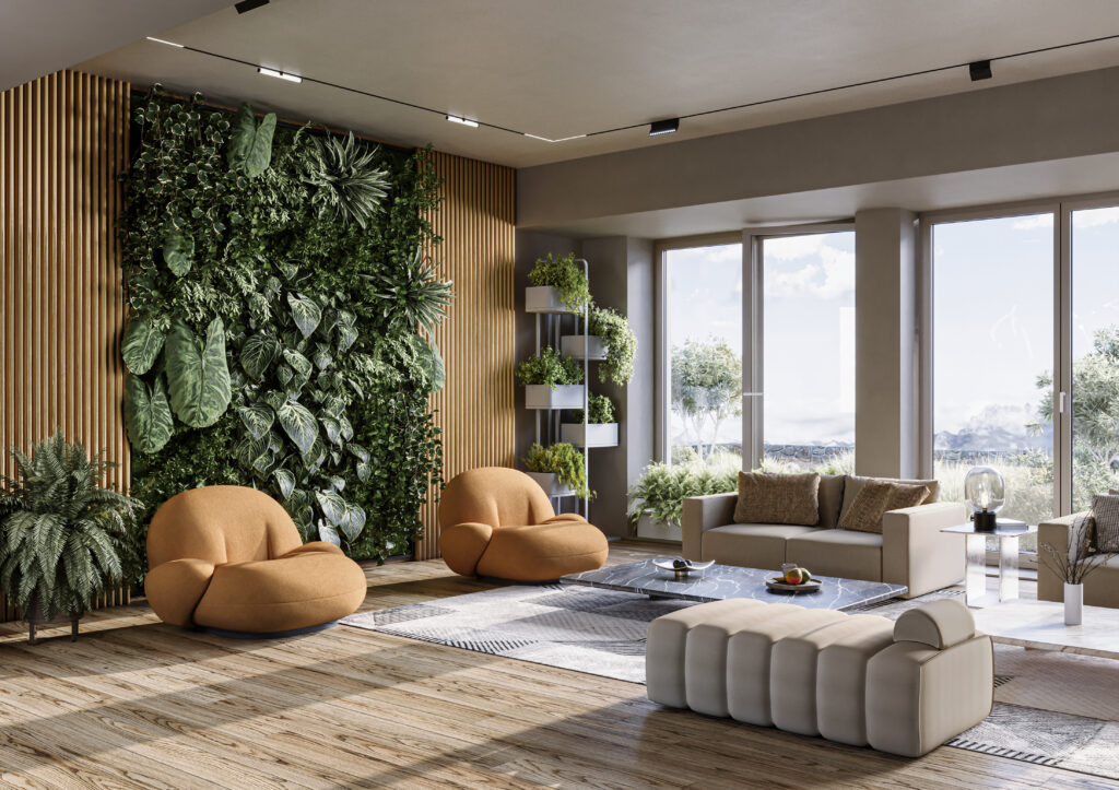 Modern en duurzaam interieur met groene muur, natuurlijke materialen en ruime lichtinval, perfect voor een milieuvriendelijke leefomgeving.