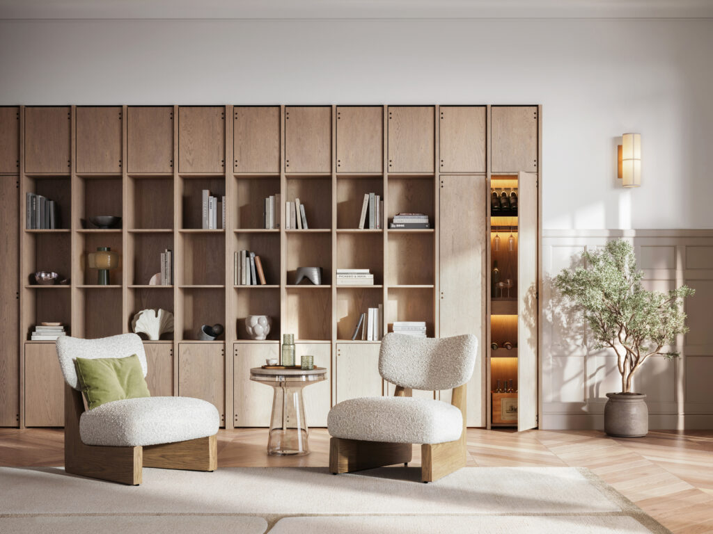 Virtuele styling van een zonnige woonkamer met houten boekenplank en PVC vloer