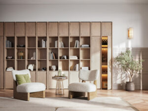 Virtuele styling van een zonnige woonkamer met houten boekenplank en PVC vloer
