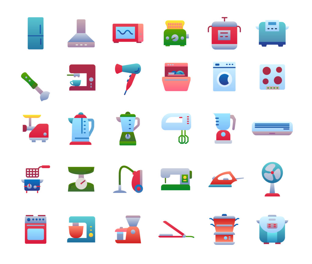 Illustratie van verschillende huishoudelijke apparaten zoals een koelkast, magnetron, wasmachine, blender, stofzuiger en meer, die allemaal bijdragen aan het behoud van een goed functionerend huishouden.