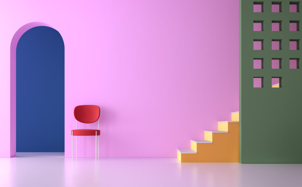 Minimalistisch interieur met gedurfde kleuraccenten in roze, blauw, groen en geel – woontrend 2025.