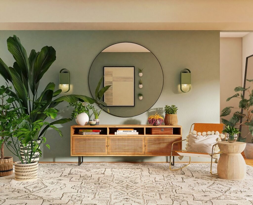 Licht en natuurlijk interieur met grote kamerplanten, rotan meubels en zachte aardetinten – woontrend 2025.
