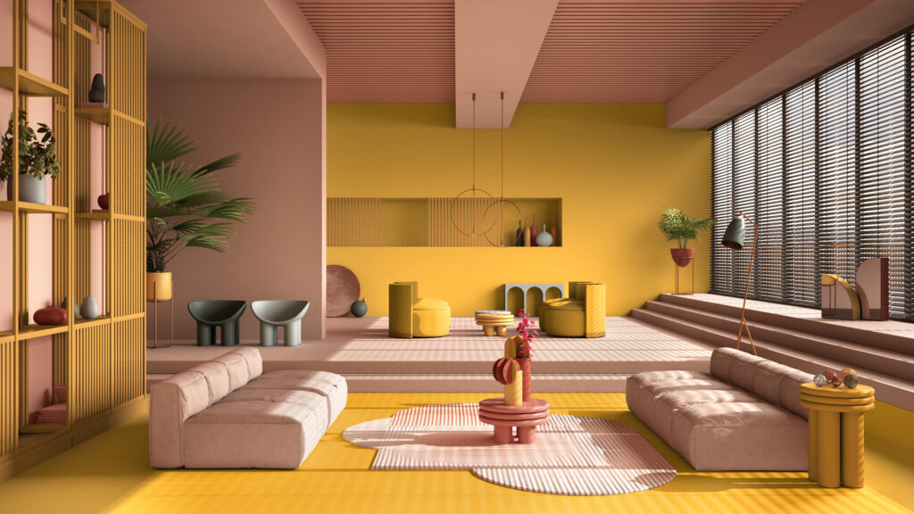 Modern interieur met kleurzones in zachtroze en mosterdgeel, die verschillende functies in de ruimte markeren