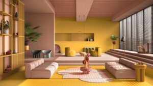 Modern interieur met kleurzones in zachtroze en mosterdgeel, die verschillende functies in de ruimte markeren