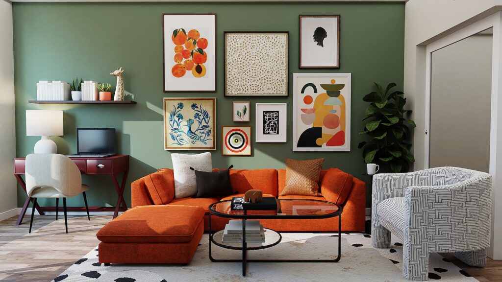 Duurzaam interieur met een mix van vintage en moderne meubels, groene muur en kleurrijke kunst – woontrend 2025.