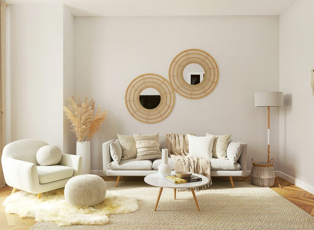Lichte woonkamer met ronde fauteuil, rotan spiegels, pampasgras en natuurlijke accenten – inspiratie voor Organic Bold interieurstijl in lente 2025