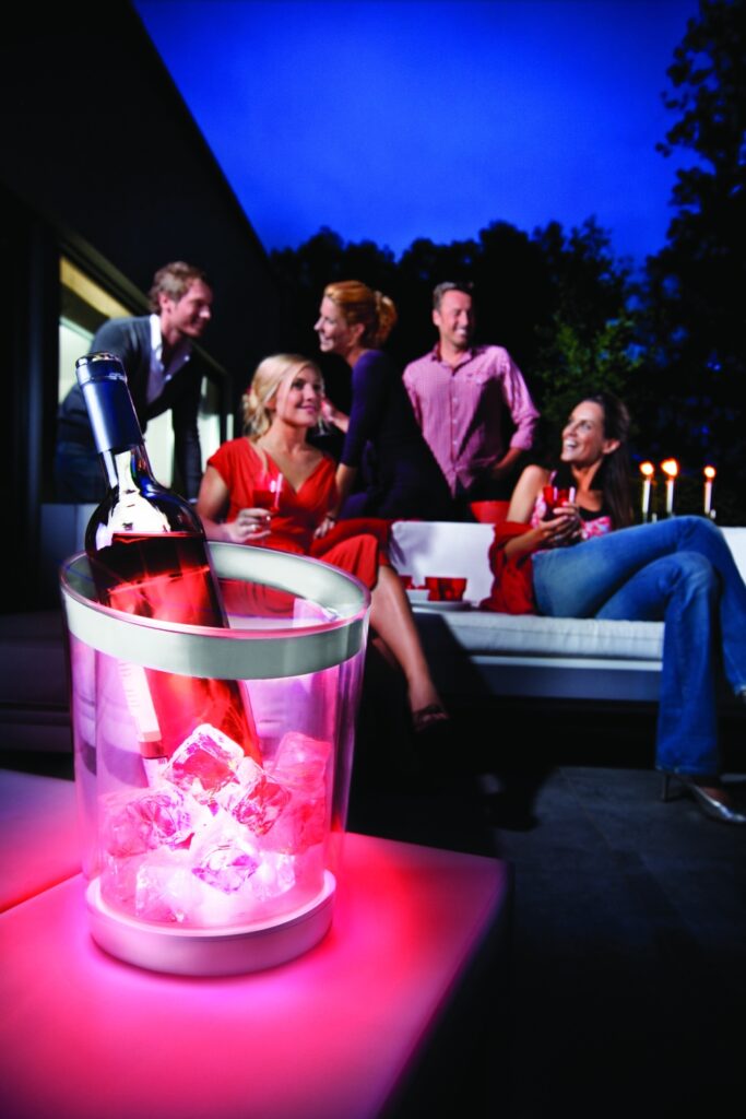 Zomerse avondborrel in de tuin met wijn, verlichting en vrienden in een sfeervolle setting
