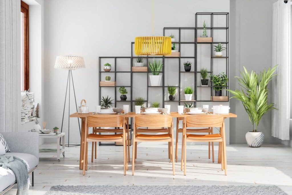 Moderne eetkamer met houten uitschuifbare eettafel en minimalistisch interieur