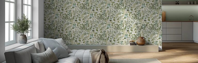 Botanisch behang in woonkamer met groen bladpatroon en lichtinval
