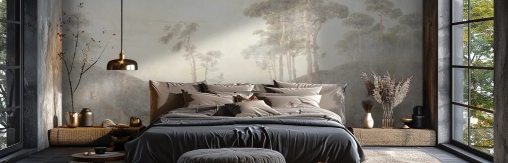 Slaapkamer met artistieke wandprint in natuurtinten