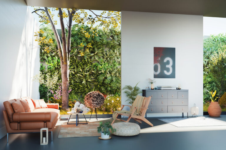 Moderne woonkamer met groene wand en veel daglicht als voorbeeld van duurzaam en comfortabel wonen