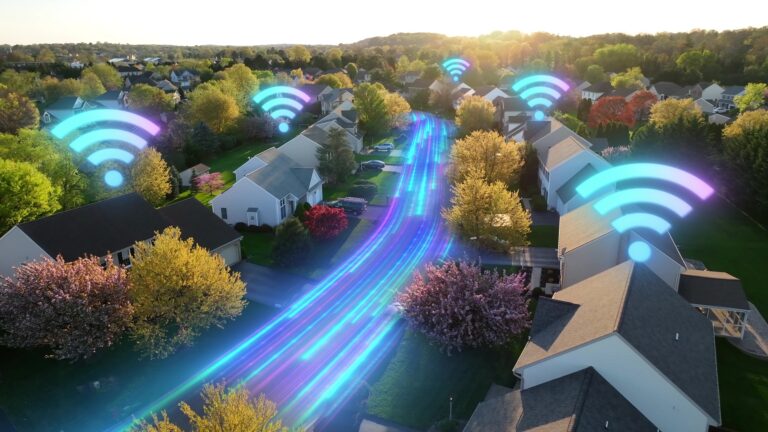 Futureproof woonwijk met snelle glasvezelverbindingen die als lichtpaden door de straat lopen.
