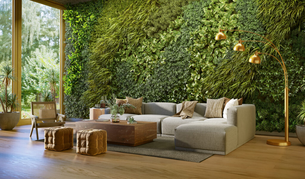 Hoekbank in woonkamer met groene plantenwand en uitgesproken styling