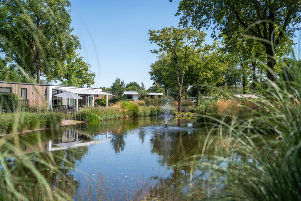 vakantiepark met recreatiewoningen rond een vijver in een groene omgeving