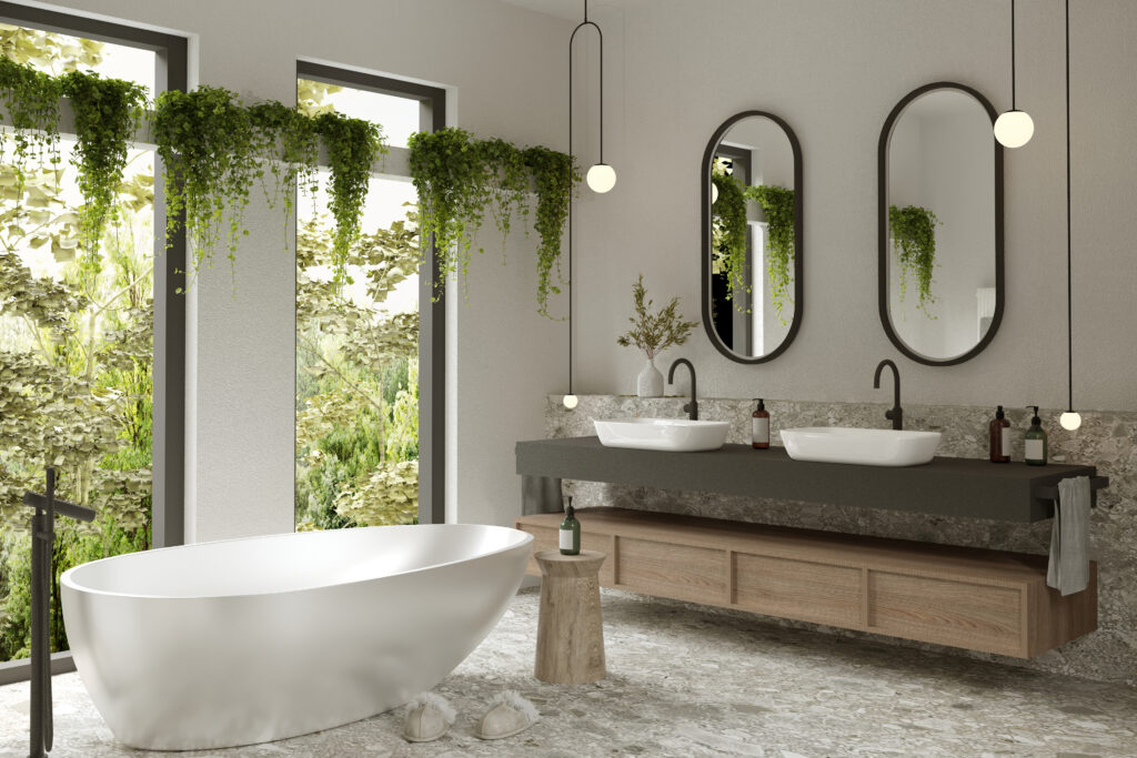 Moderne badkamer met vrijstaand bad, dubbele wastafel en natuurlijke materialen