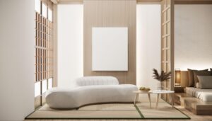 Japandi interieur met lichte houttinten, lage meubels en rustige natuurlijke materialen