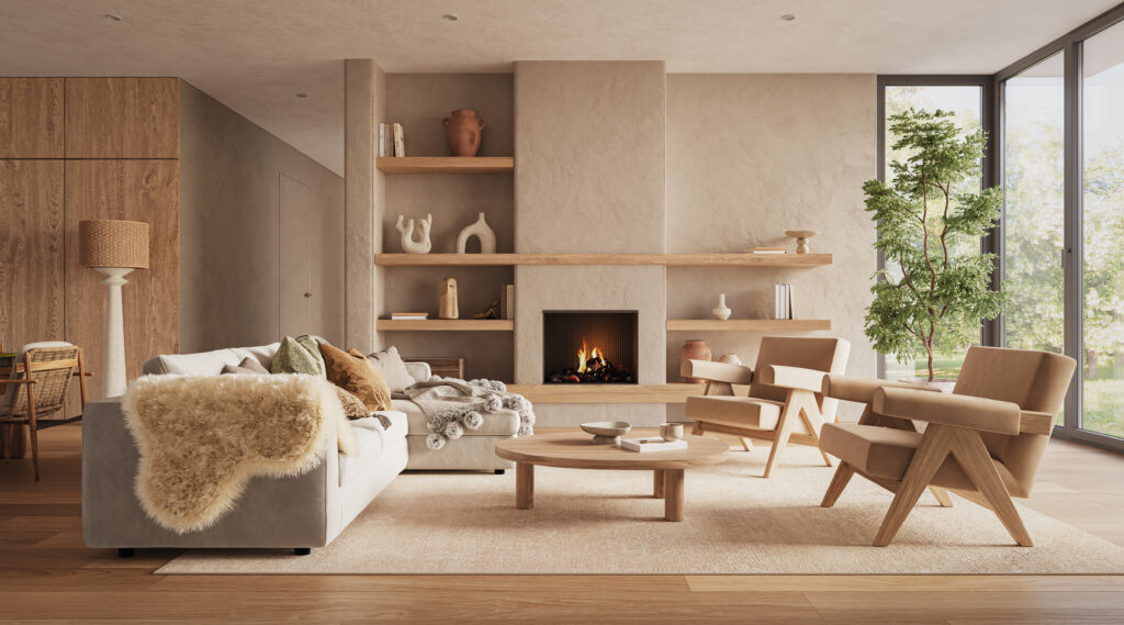 Warme Japandi woonkamer met houten meubels, neutrale kleuren en natuurlijke materialen