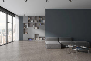Moderne woonkamer met gietvloer en vloerverwarming